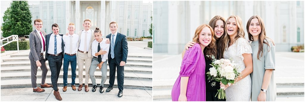 Friend pictures in front of the Houston Temple on a wedding day