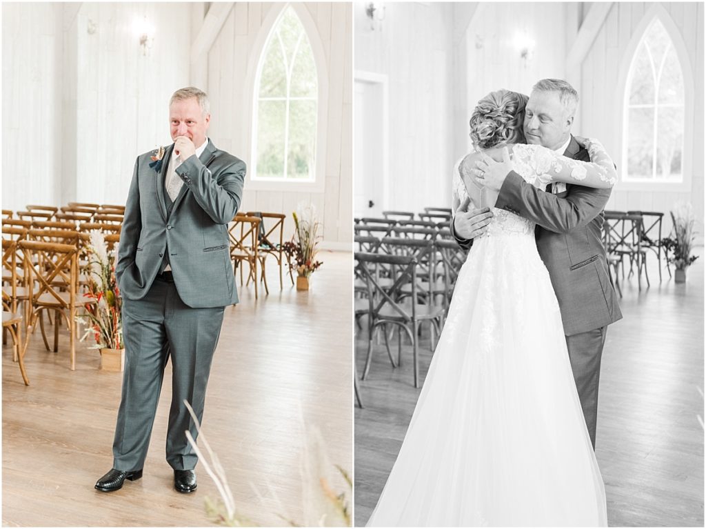 Father's first look at The Springs Wallisville Wedding.
