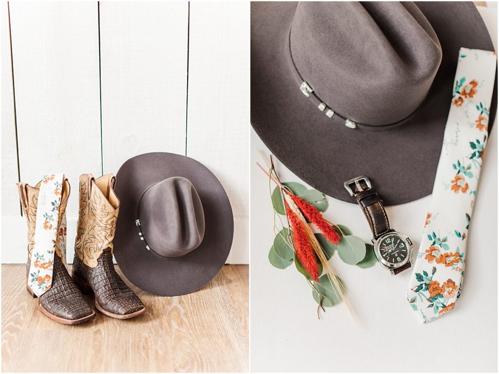 Cowboy boots and hat wedding details.