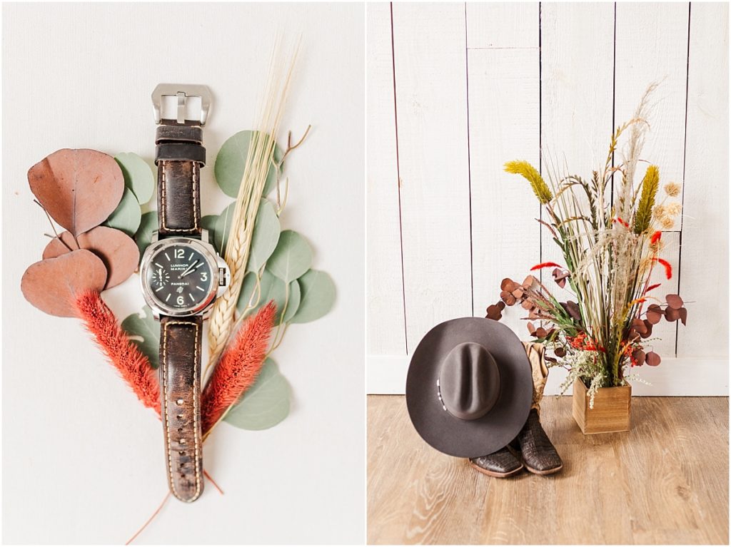 Cowboy boots and hat wedding details.