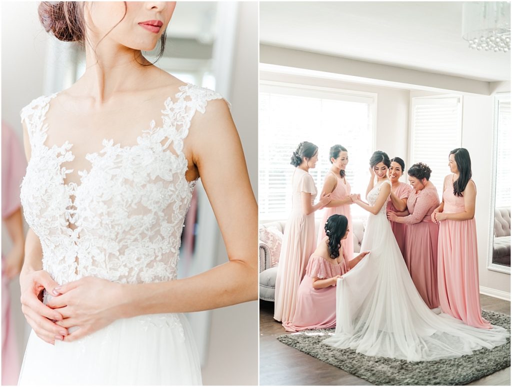 Bridesmaids helping bride get ready on her wedding day in bright and airy bridal suite