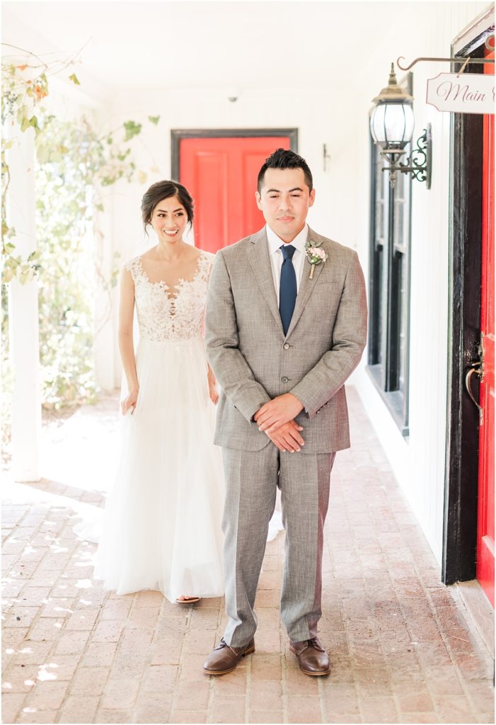 Bride and groom first look at Southern California Wedding.