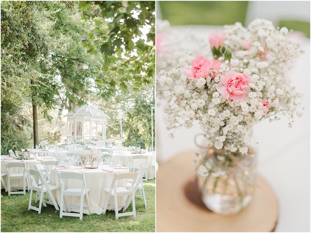 Outdoor reception with pink details and a white gazebo.