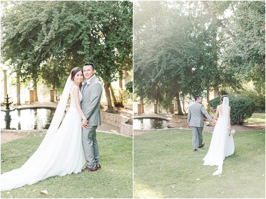 Southern California wedding with green trees, a pond and columns