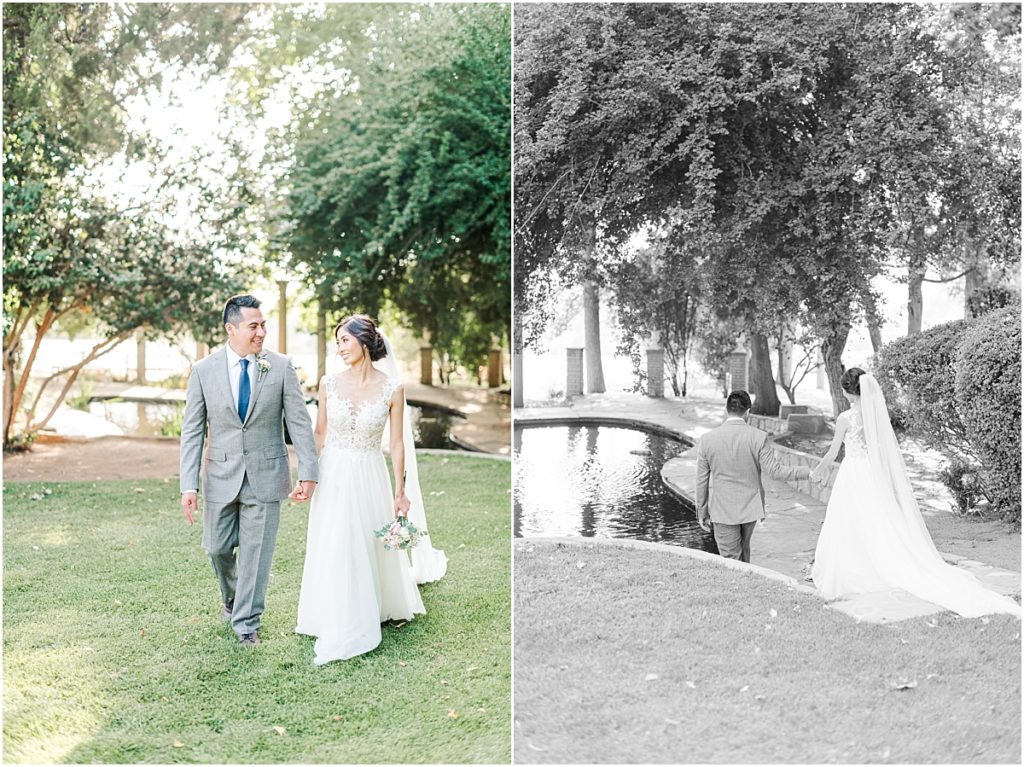 Southern California wedding with green trees, a pond and columns