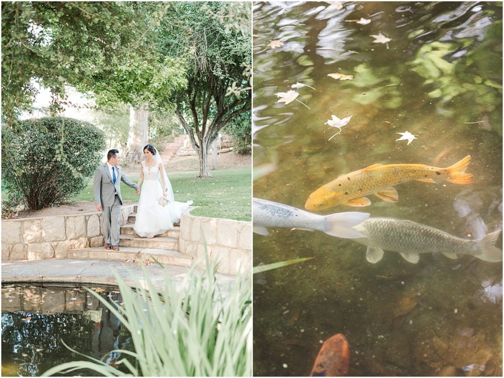 Bride and groom on their wedding day walking by a pond with gold fish