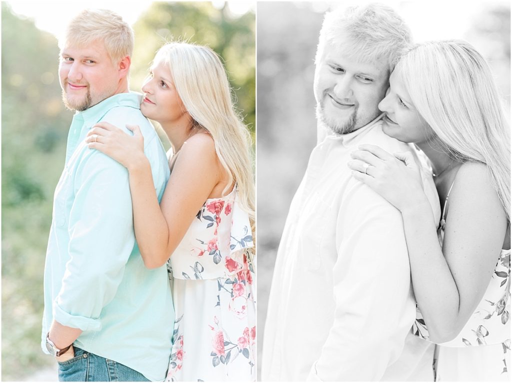 Cy-Hope Engagement Session with piggy-back rides along a dirt trail on the edge of the woods.