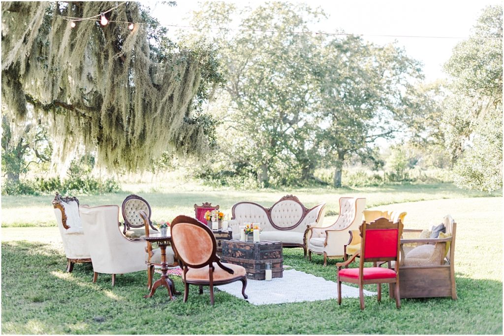 Vintage seating area at wedding reception in Houston