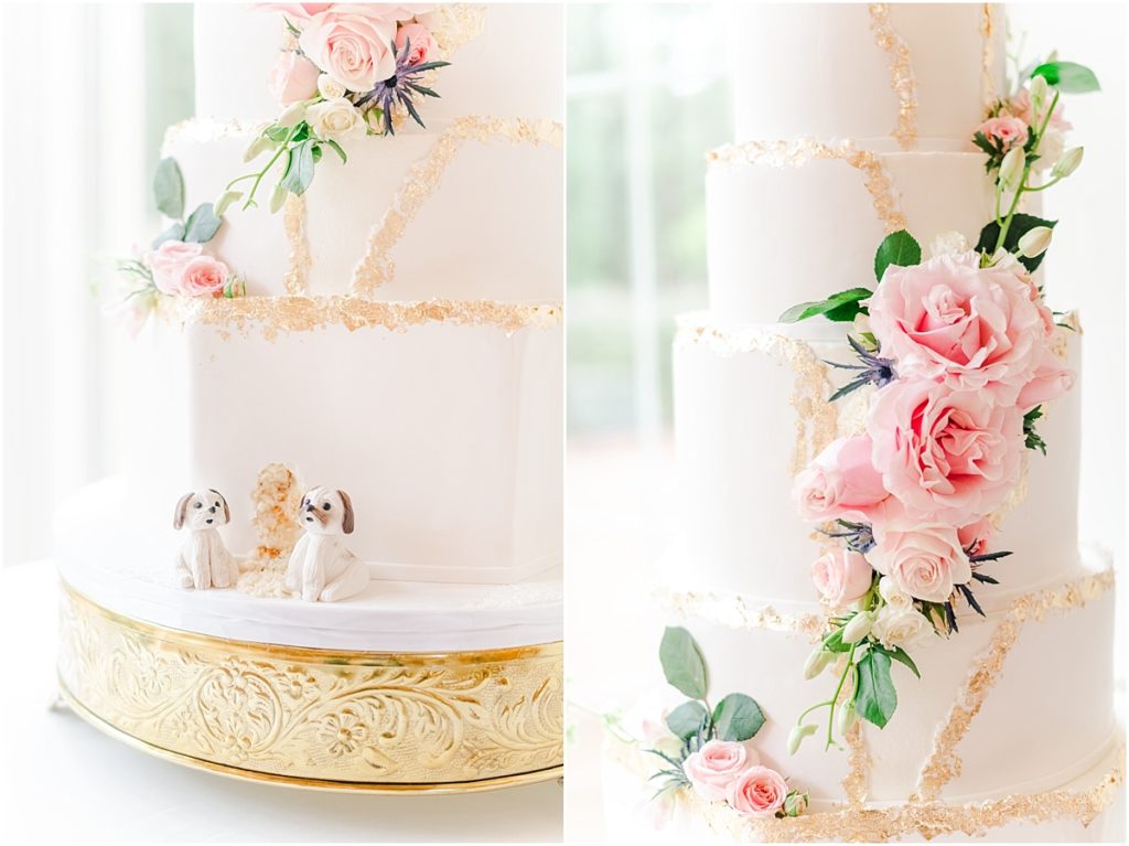 6 tiered wedding cake with gold leaf details and puppy fondant figures