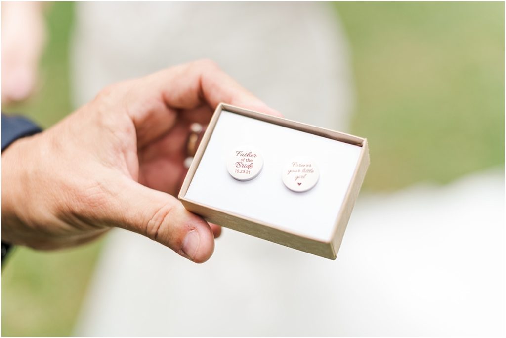 First look with dad at Shirley Acres with custom cuff links for father of the bride