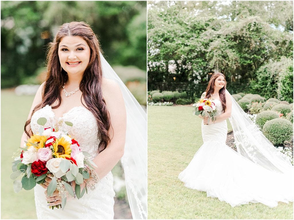 Bridal pictures with sunflowers and red and pink roses