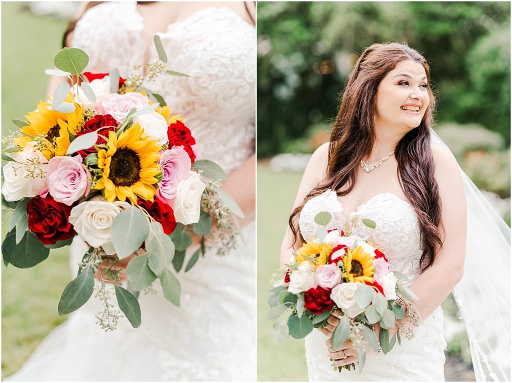 Bridal pictures with sunflowers and red and pink roses