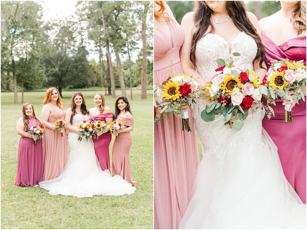 Bridesmaids pictures with pink bridesmaids dresses and sunflower and rose bouquets