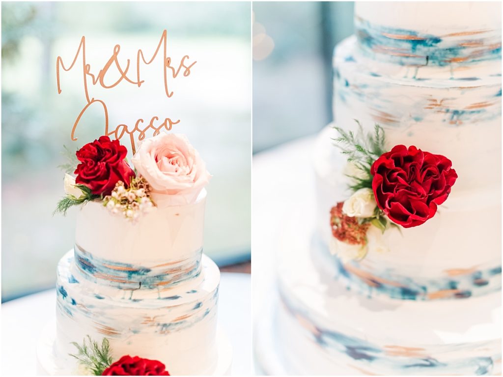 Wedding cake with blue and gold watercolor