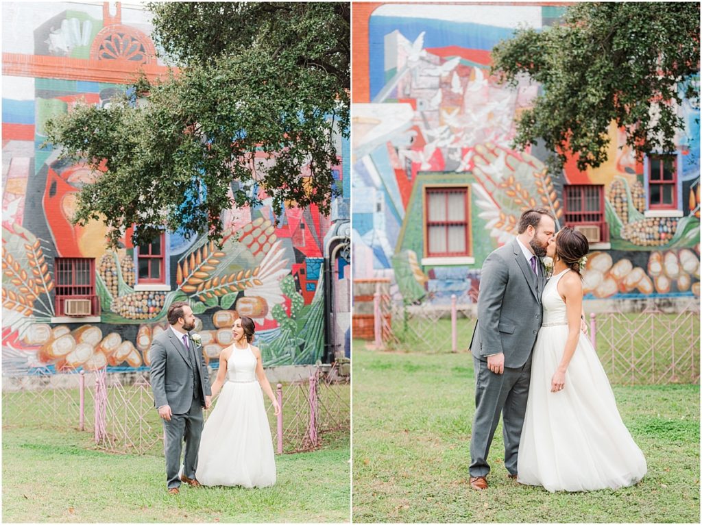 Wedding pictures in front of the St. Joseph Catholic Church Mural in Houston