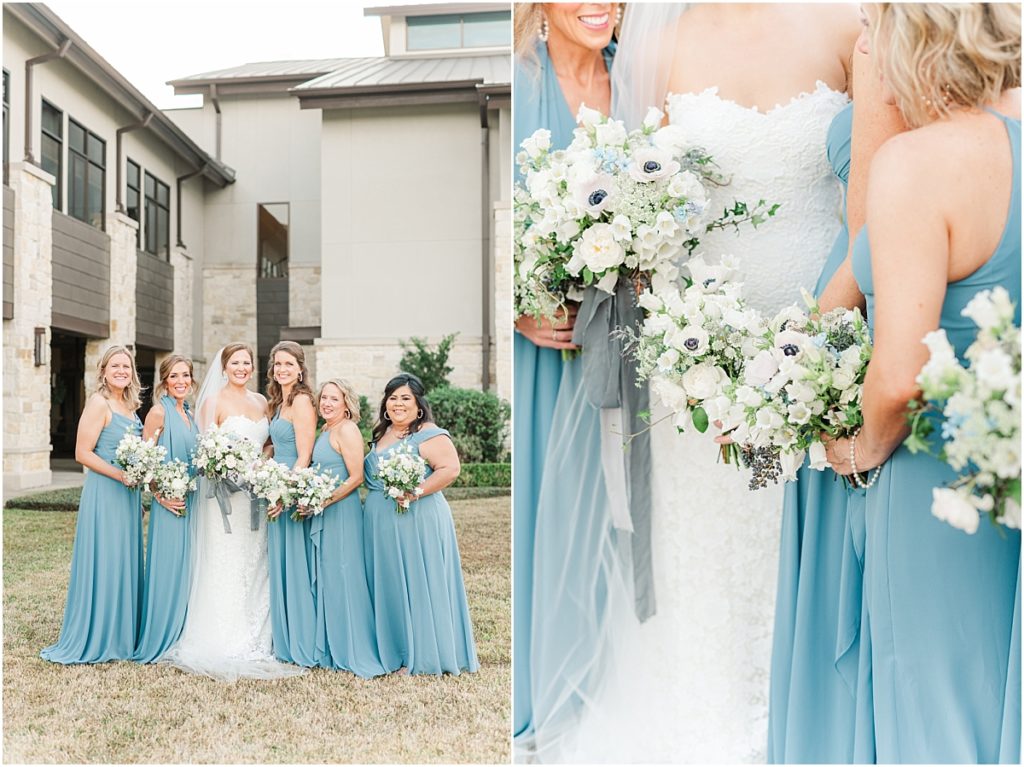 Bridesmaids pictures in dusty blue dresses and white flowers