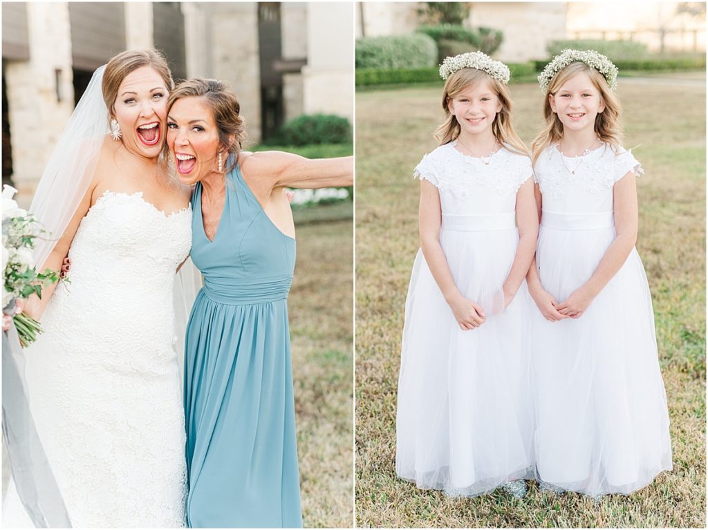 Bridesmaids pictures in dusty blue dresses and white flowers
