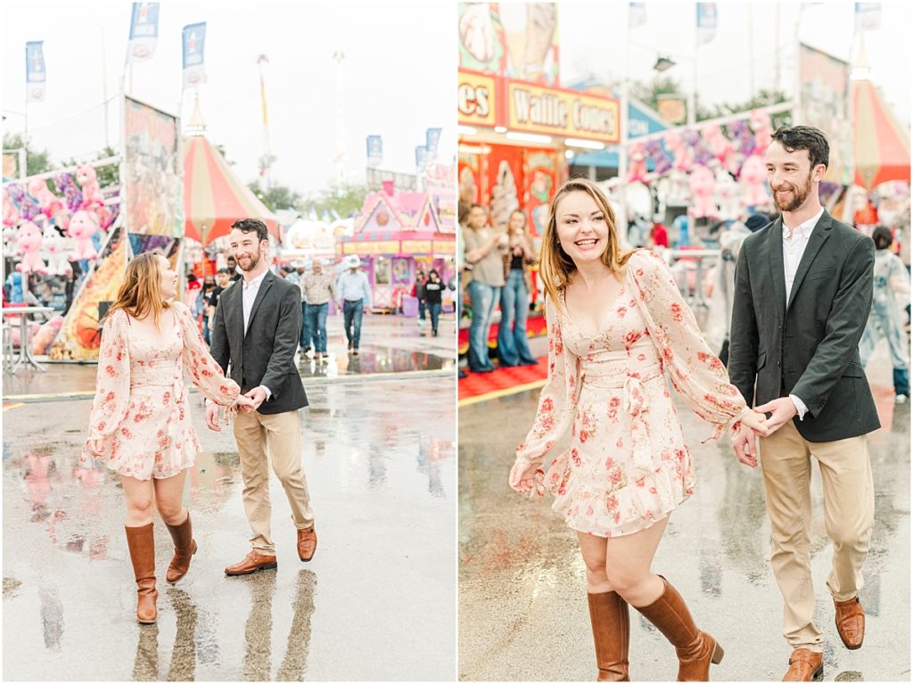 Walking through a carnival at an engagement session