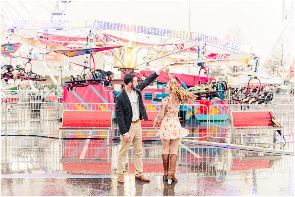 Carnival engagement session in the rain