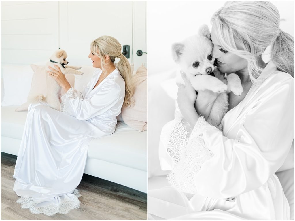 Bride and puppy in bridal suite at The Farmhouse