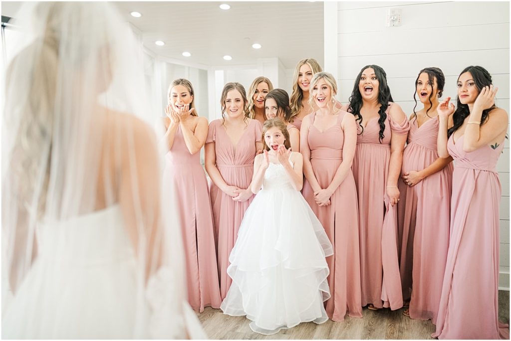 First look with bridesmaids in The Farmhouse bridal suite
