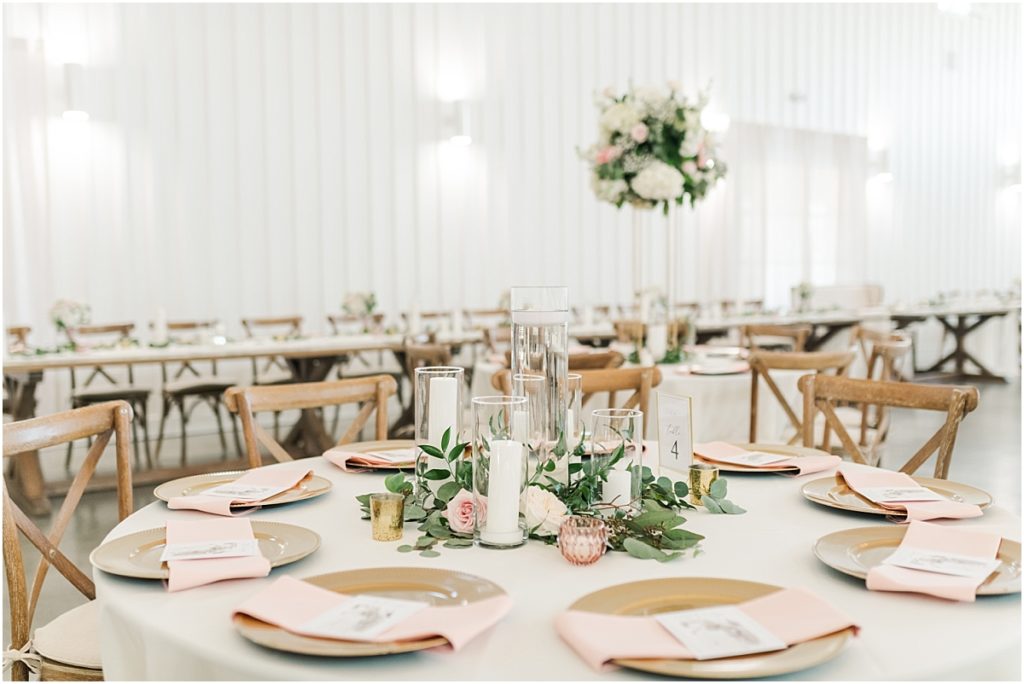 Light pink rose reception details at The Farmhouse