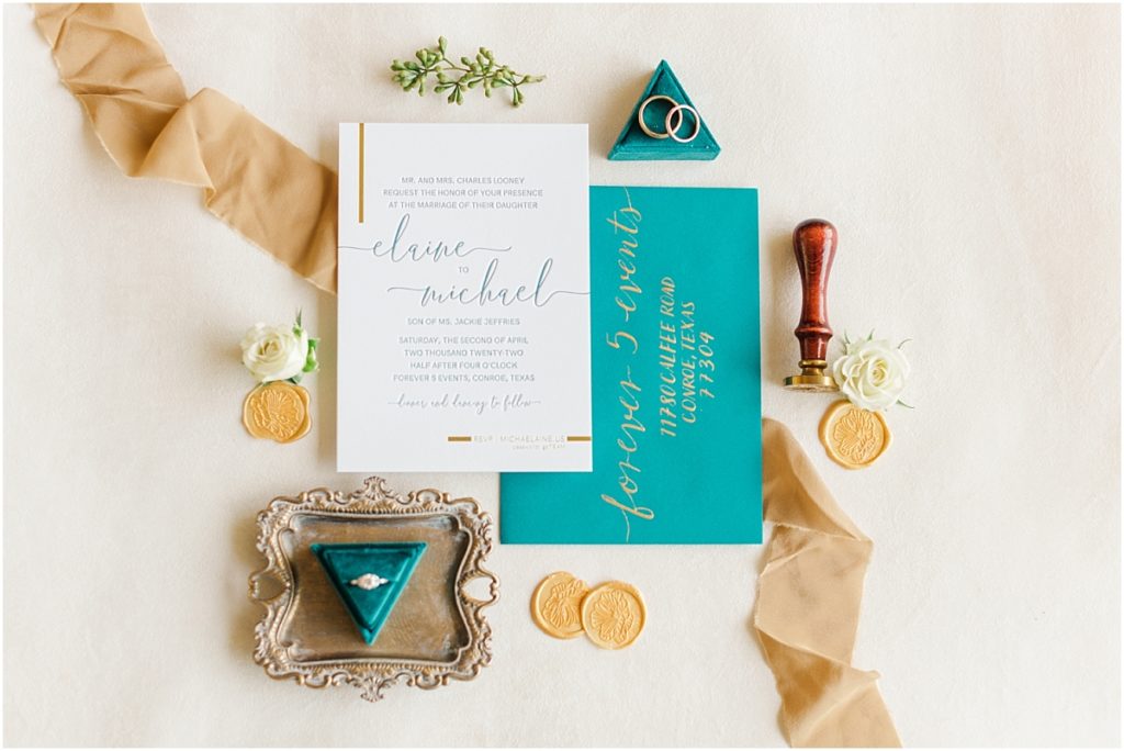 Teal detail wedding invitation suite