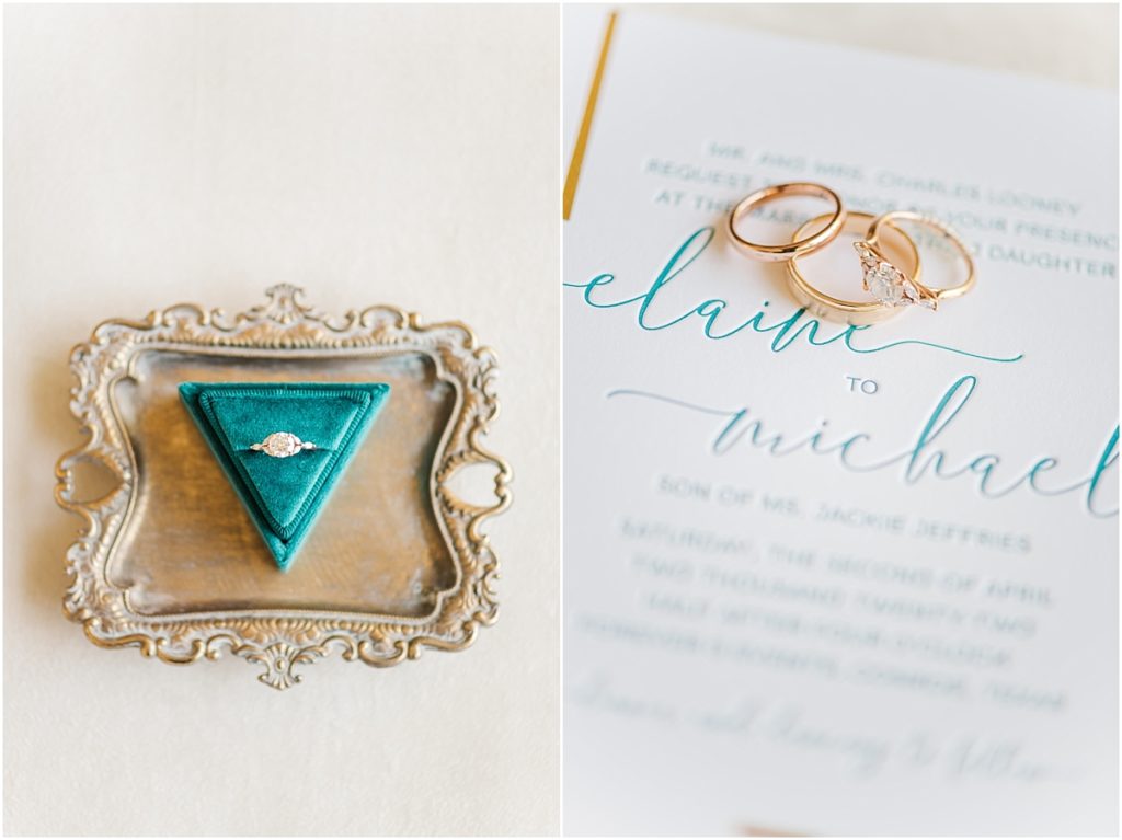 Teal ring box and gold rings