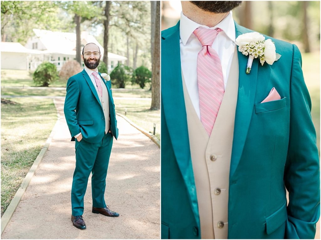Groom at Forever 5 Events in teal suit and pink tie