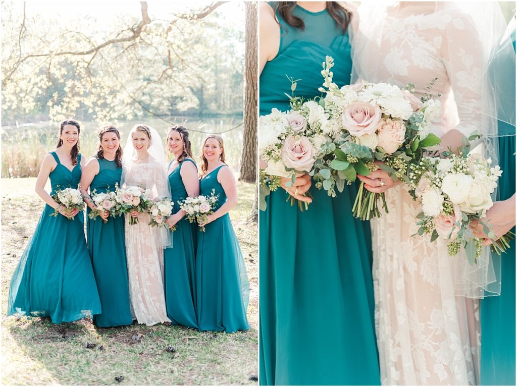 Bridesmaids pictures in teal with pink roses