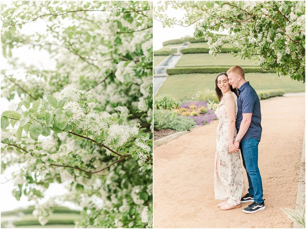 Houston engagement session with white flowering trees