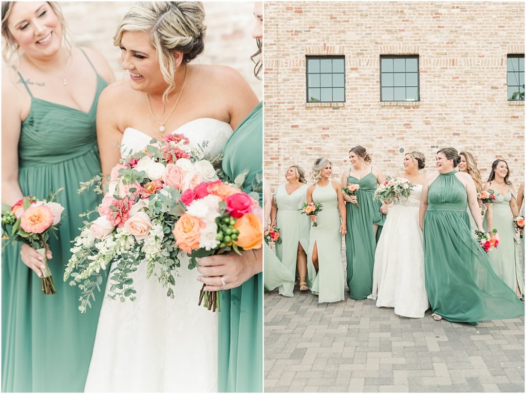 Bridesmaids in mint green dresses at Beckendorff Farms