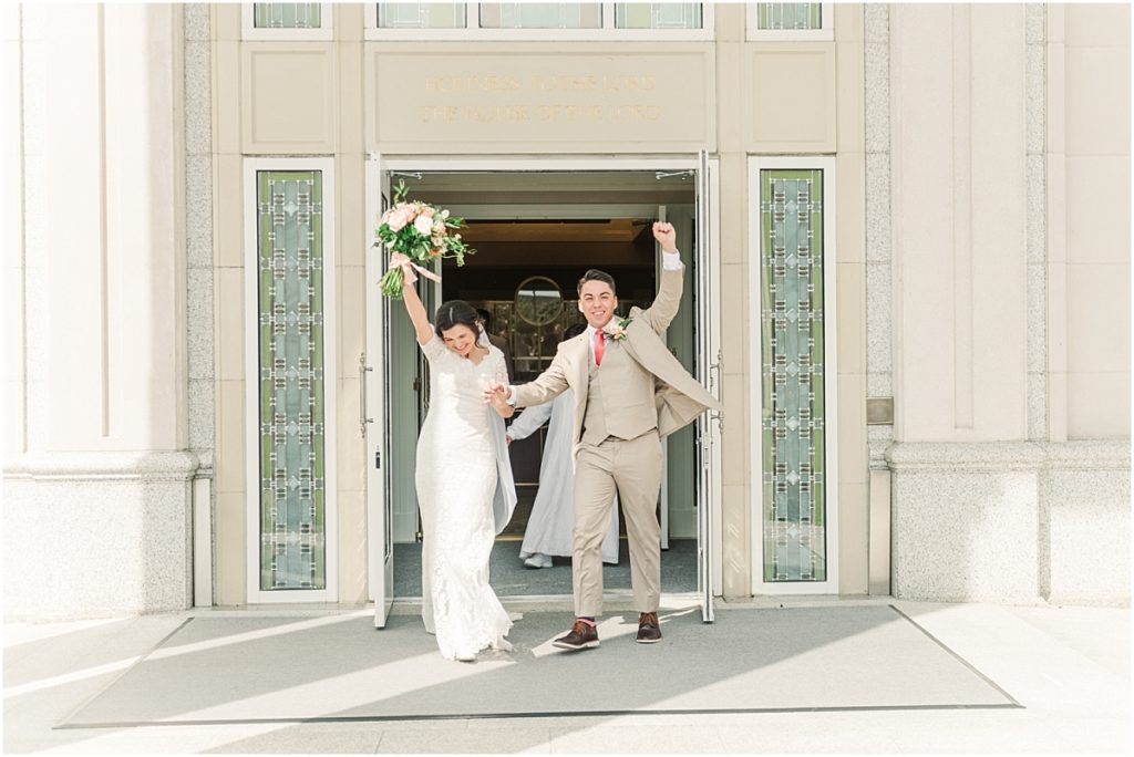 Bride and groom coming out of the Houston LDS Temple