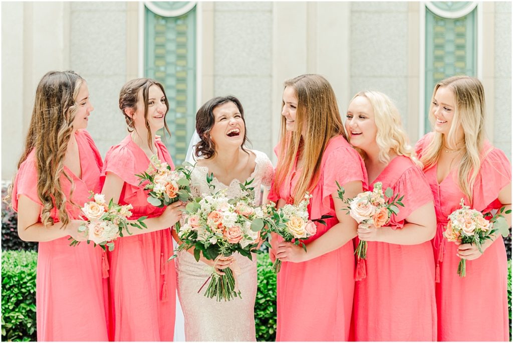 Coral colored bridesmaids dresses