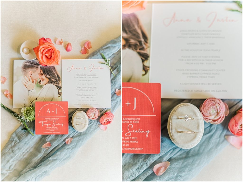 Coral and blue wedding color pallette