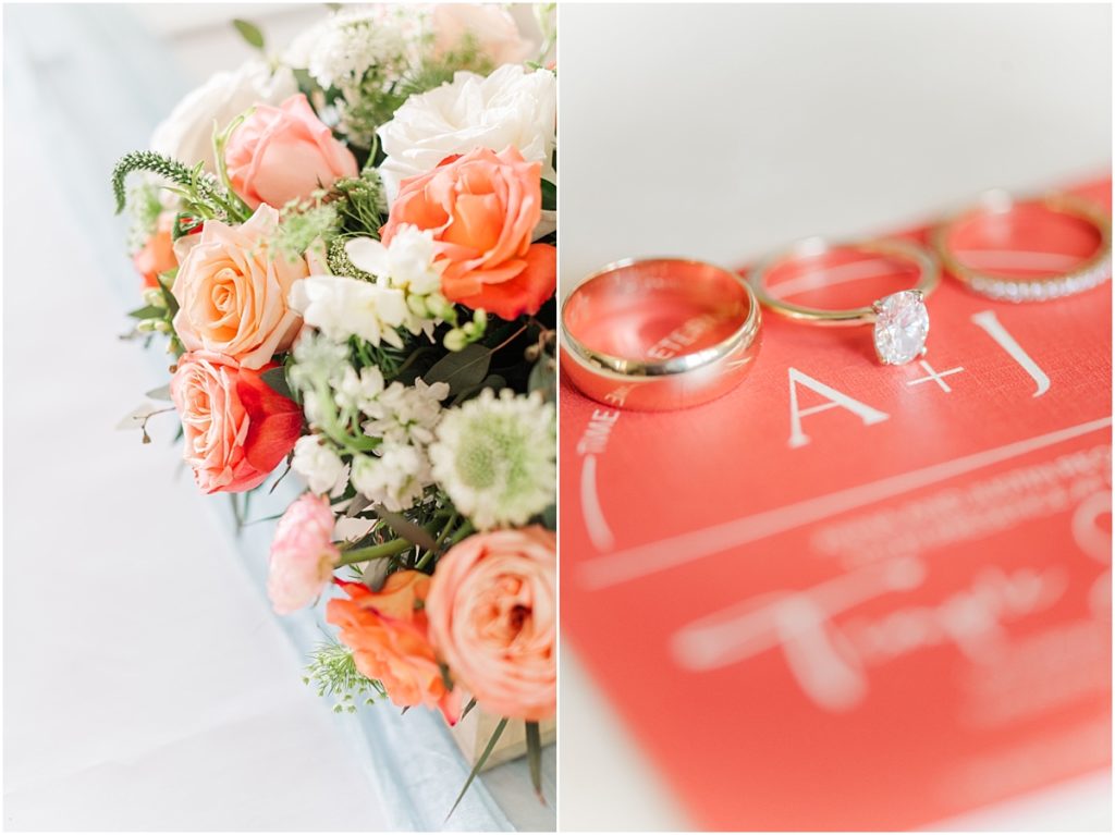 Coral wedding flowers and invitation