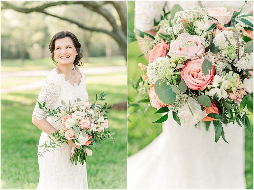 Coral colored florals in bridal bouquet