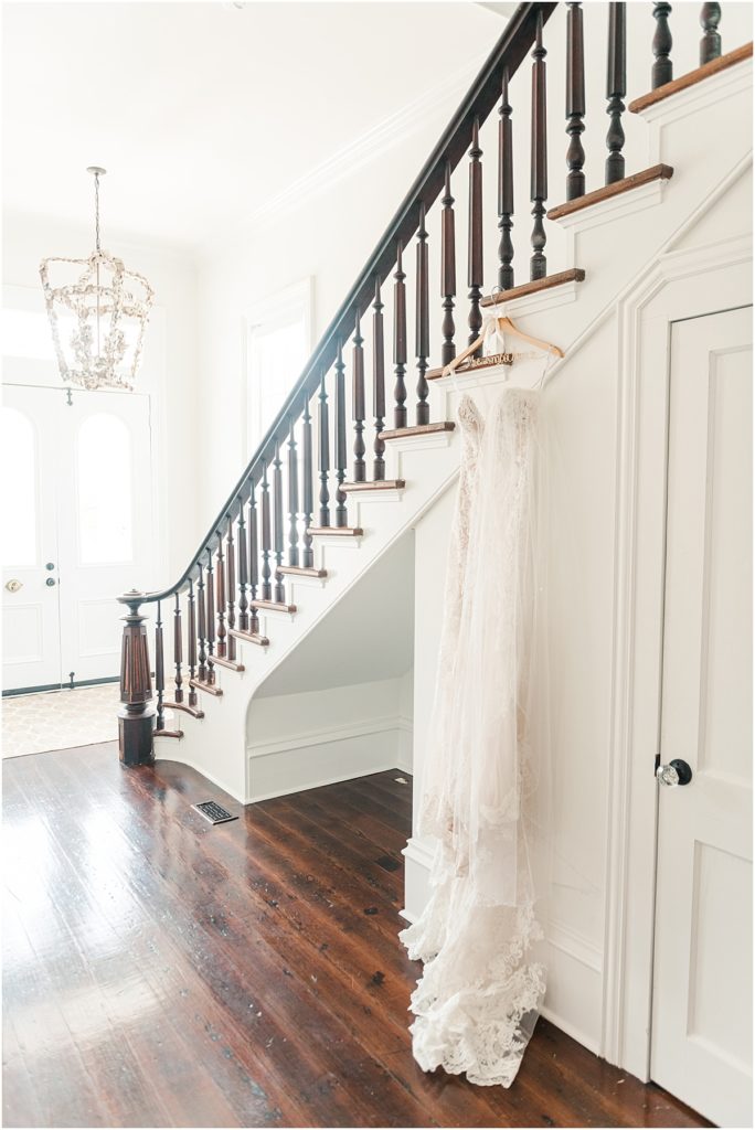 Wedding dress hanging in a Galveston house