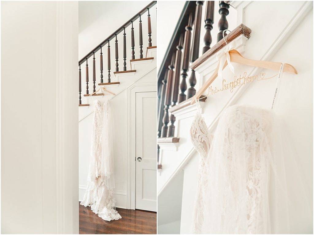 Wedding dress hanging in Galveston Airbnb