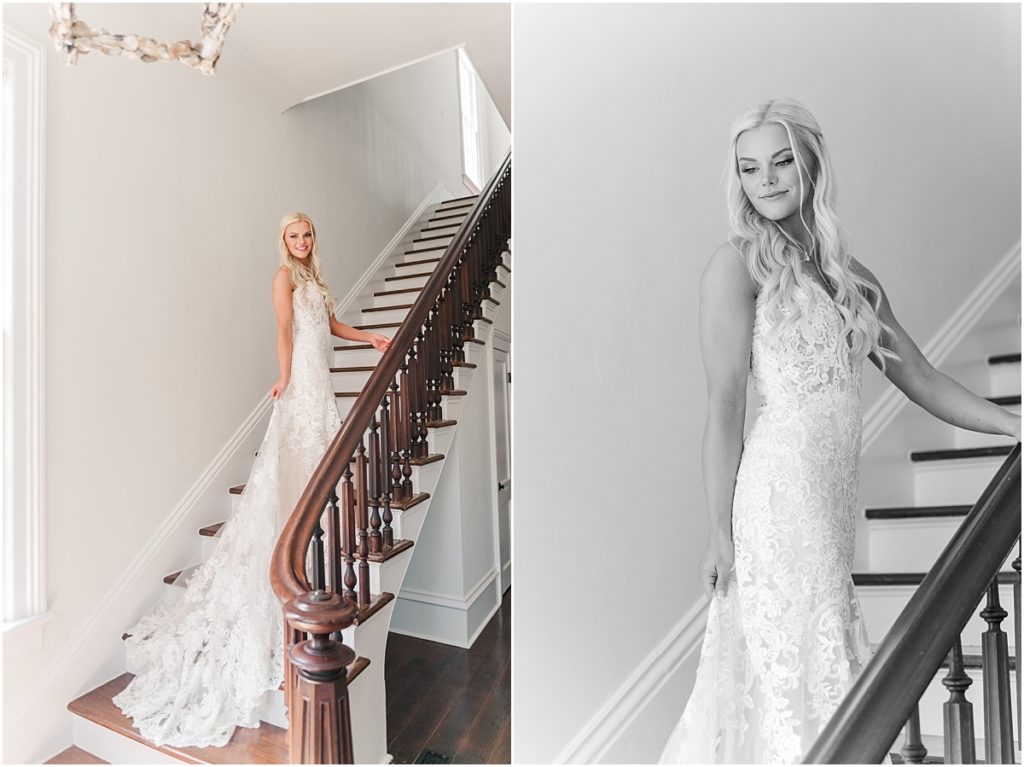 Beautiful bride on her wedding day in Galveston on the stairs in the airbnb