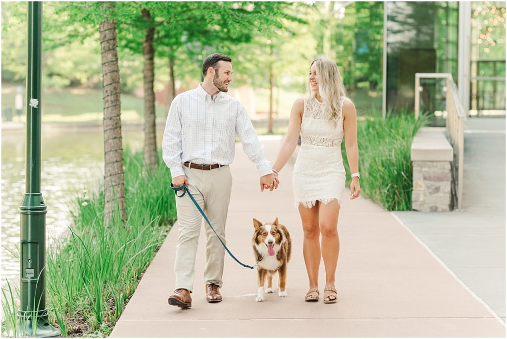 Woodlands waterway engagement session with dog