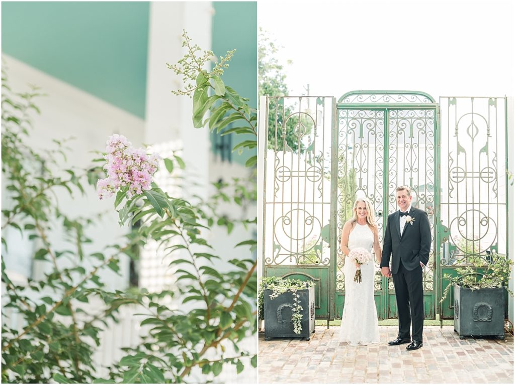 Wedding in front of green antique gate at Galveston Airbnb