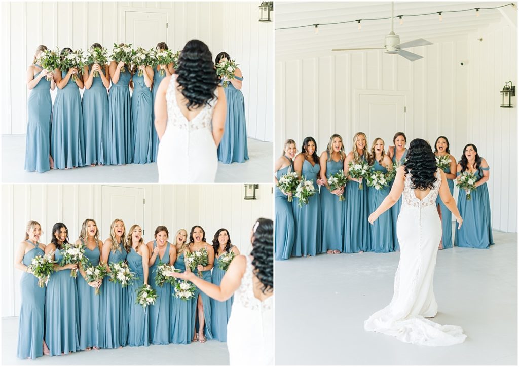 First look with bridesmaids on The Farmhouse porch