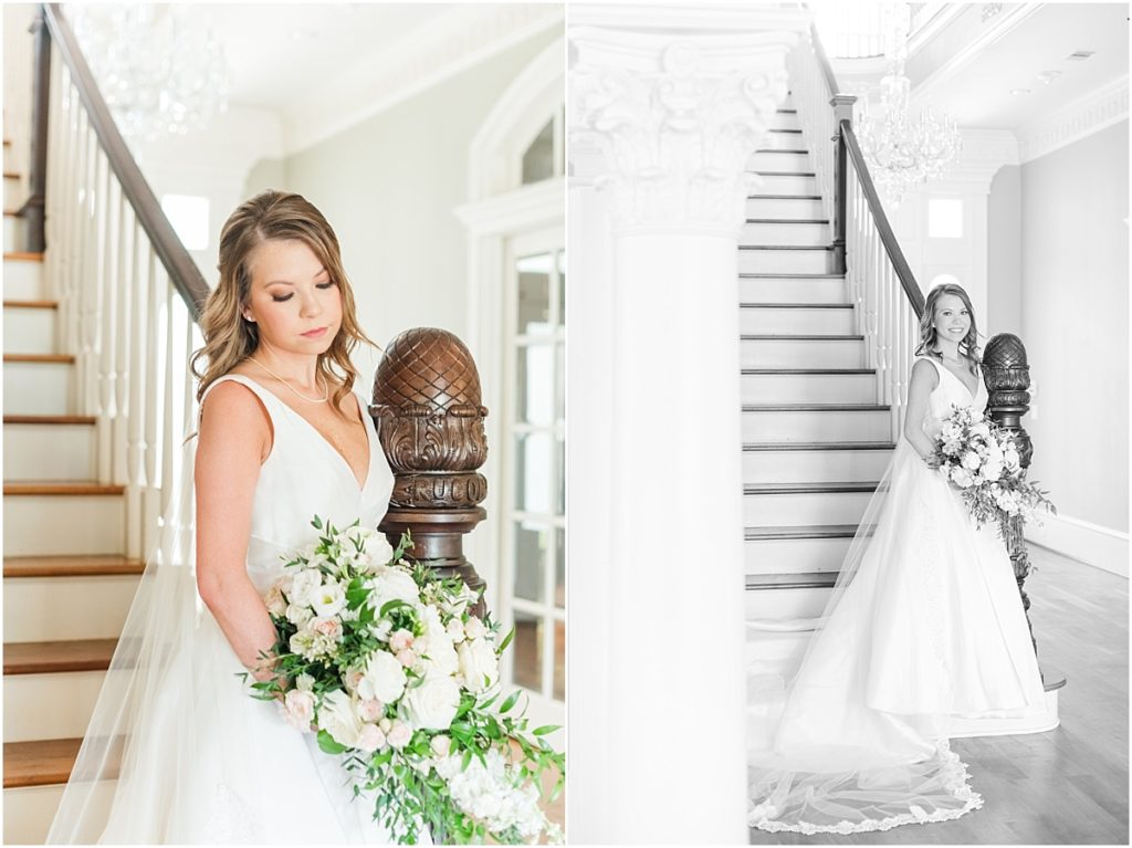 Bridal session on the stairs in the manor house at Sandlewood Manor