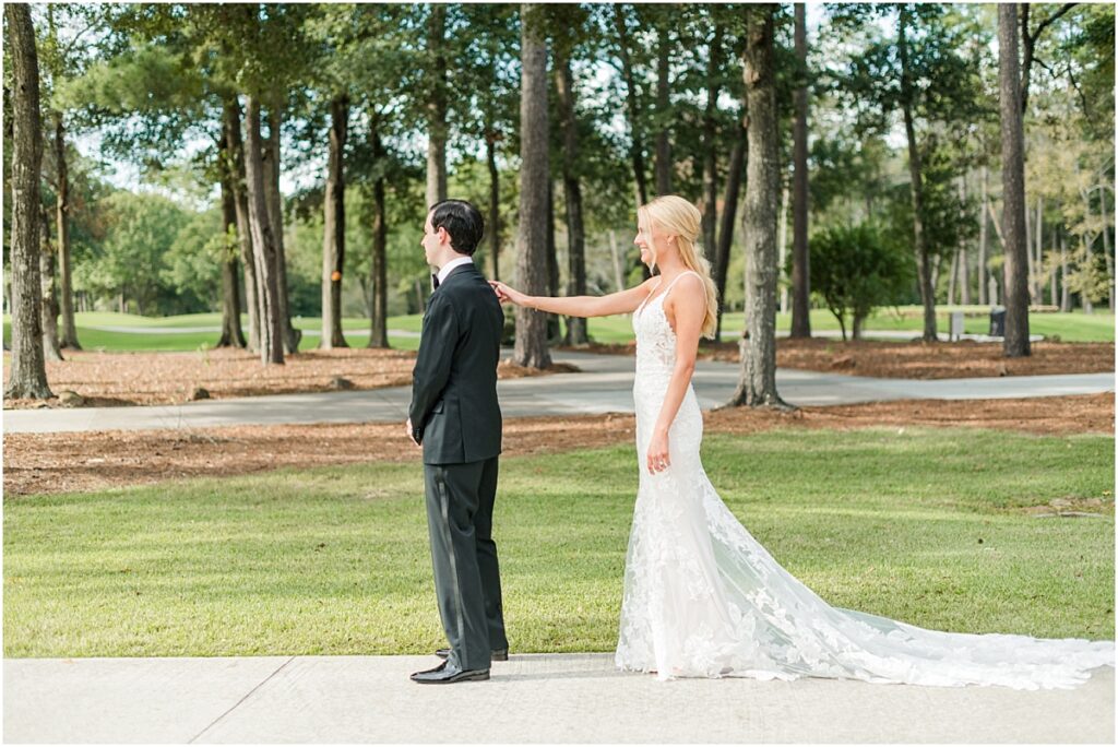 Bride and Groom first look on the golf course at their The Woodlands wedding