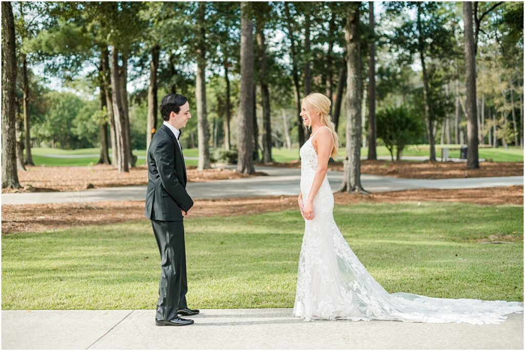First look with the bride at their Houston Wedding at the Woodlands Country Club