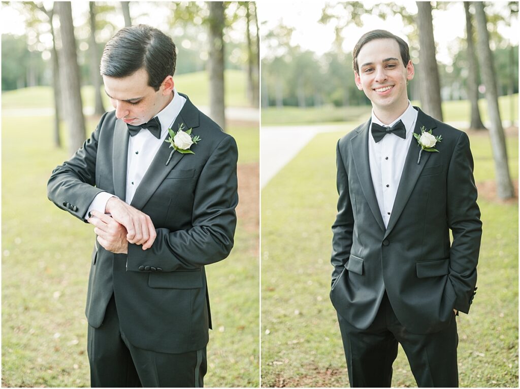 Groom taking pictures on his wedding day in Houston at The Woodlands Country Club