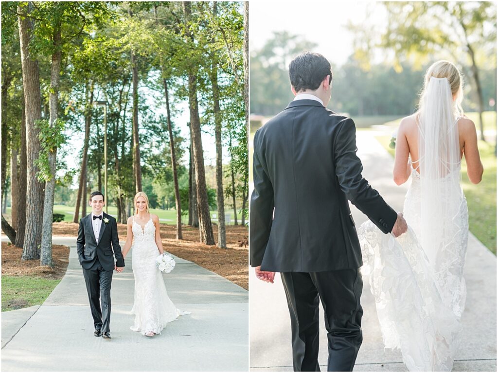 Houston wedding photography of bride and groom walking on a golf course at the Woodlands Country Club