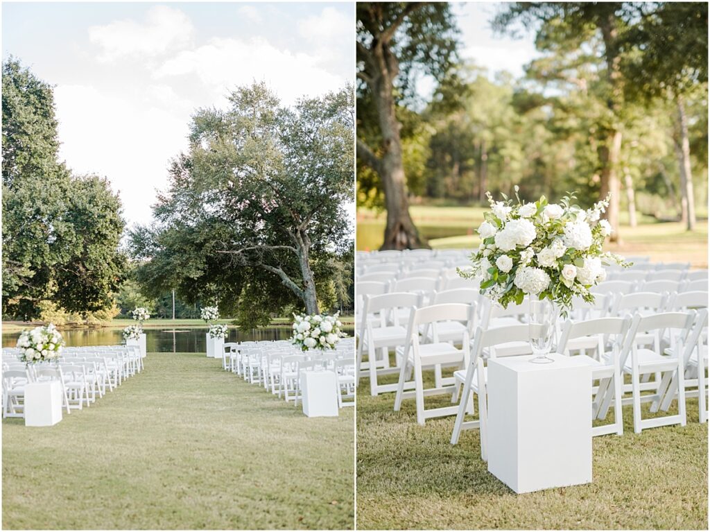 Beautiful wedding ceremony with white flowers on a golf course in The Woodlands, Texas.