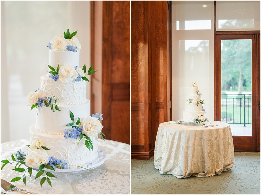 Wedding cake with white and blue flowers